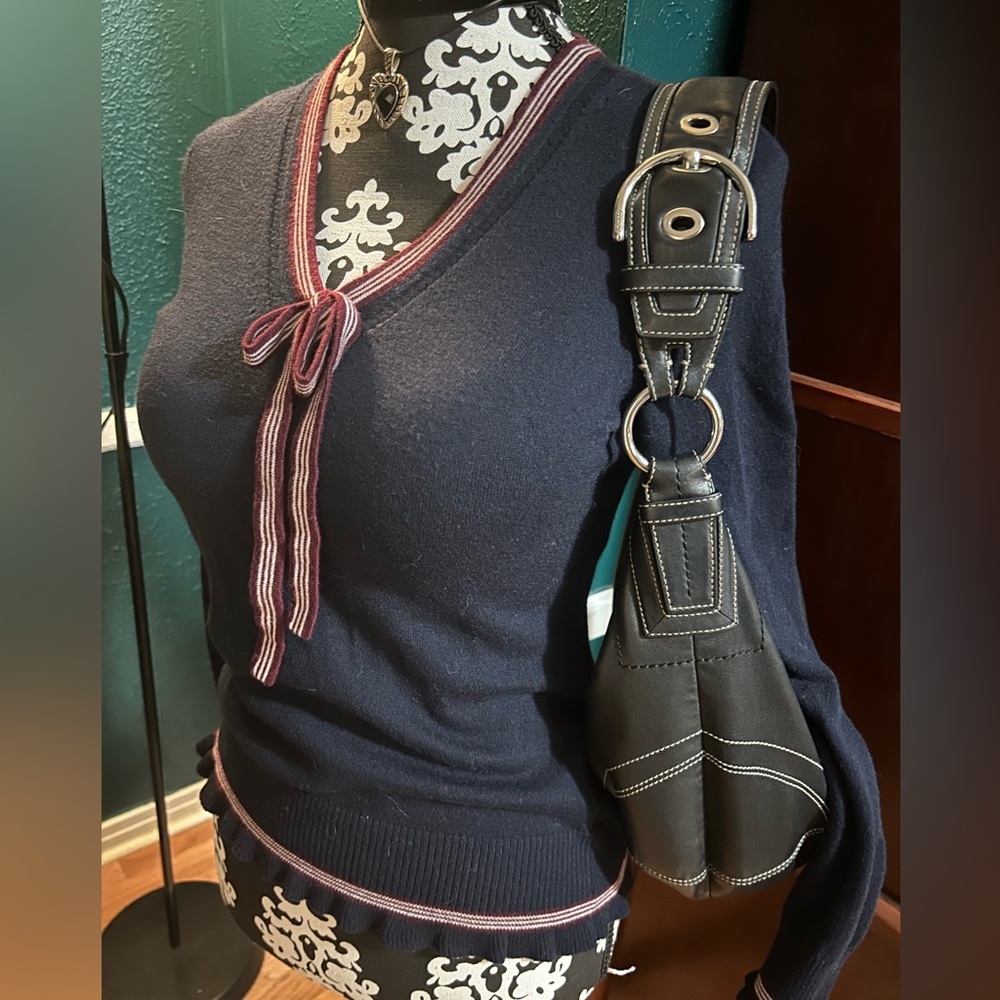 Brooks Brothers Navy Wool Sweater with Red Bow